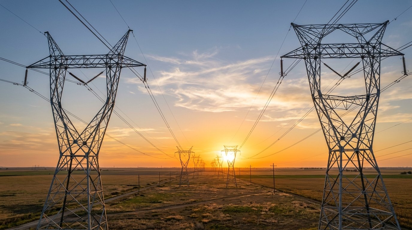 High Voltage Electrical Power Transmission Grid and Overhead Cables at Golden Sunset